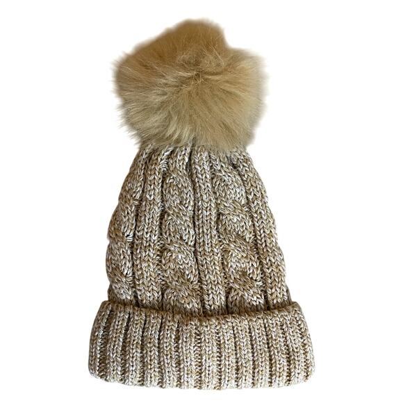 Time & Tru Women's Hat with Pompom OS Beige Tan Cable Knit Faux Fur Lining - Picture 1 of 6